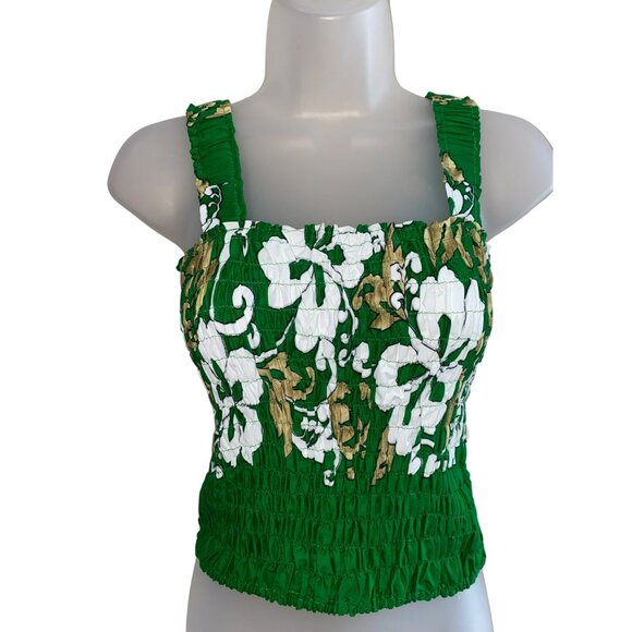 Hawaiian Green Floral Set With Smocked Top By Fun-Wear 100% Rayon Free Size Ligh - Picture 4 of 6